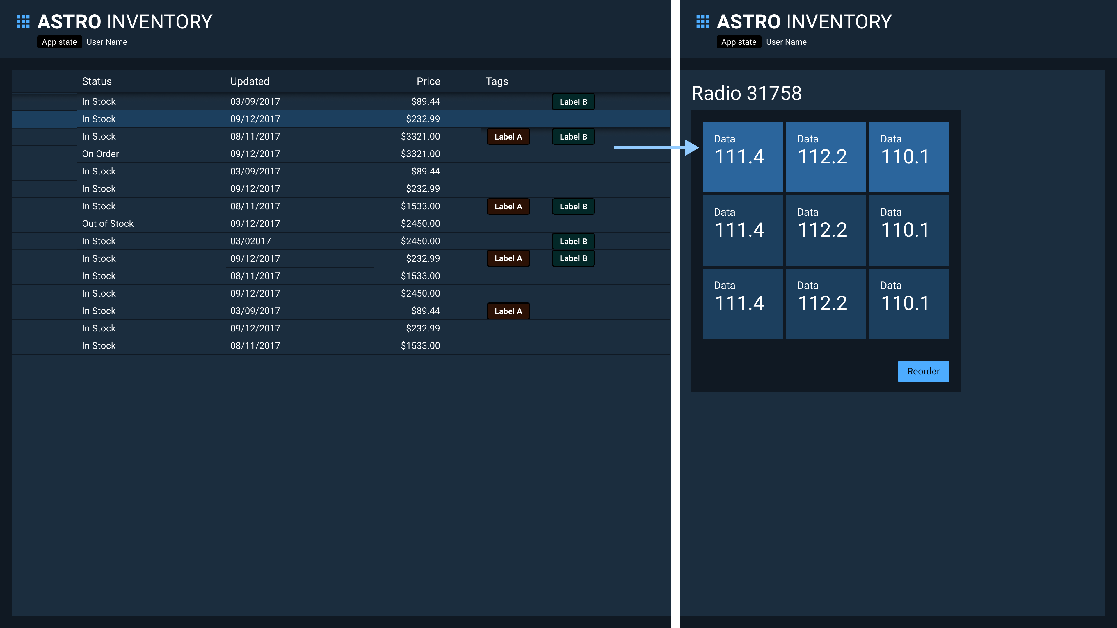 Table Navigation sample app layout